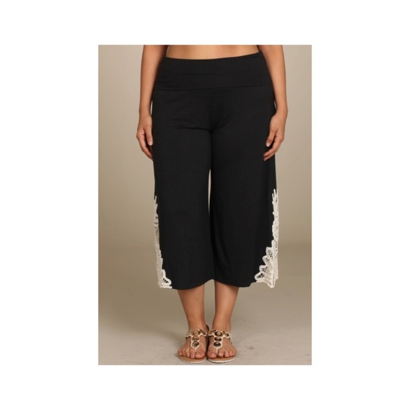SOLD OUT Pant Gaucho High Waist Crochet Black Capri Wide Bohemian Culottes Plus - Picture 3 of 6